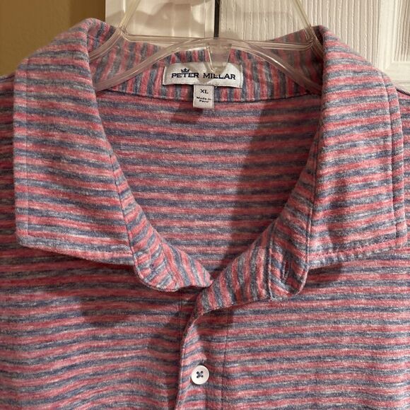 Peter Millar Men’s XL 1/4 Button Polo Short Sleeve Shirt Red/Grey Striped - Picture 3 of 7